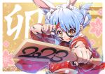  2023 :p animal_ears blue_hair extra_ears facepaint hagoita hane_(hanetsuki) hanetsuki highres hikimayu hololive japanese_clothes kimono long_hair multicolored_hair nisui_noki official_alternate_costume orange_eyes paddle rabbit-shaped_pupils rabbit_ears red_kimono short_eyebrows sleeves_rolled_up symbol-shaped_pupils tasuki thick_eyebrows tongue tongue_out two-tone_hair usada_pekora usada_pekora_(2nd_costume) v-shaped_eyebrows virtual_youtuber white_hair 