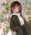  1girl black_eyes blue_eyes brown_coat brown_hair closed_mouth coat drawstring dutch_angle from_side hands_in_pockets head_tilt highres hood hood_down hoodie lips long_hair multicolored_eyes original outdoors pink_lips sideways_glance smile solo upper_body white_hoodie yellow_eyes yeono0 