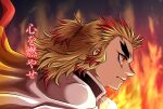  1boy blonde_hair cape closed_mouth fire forked_eyebrows from_side highres jyson kimetsu_no_yaiba long_hair male_focus multicolored_hair orange_hair profile rengoku_kyoujurou short_ponytail solo thick_eyebrows translation_request upper_body white_cape yellow_eyes 