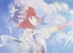  1girl absurdres arima_kana bird_wings blue_sky clouds cloudy_sky hat highres ivuneuuuuuuuu lace looking_to_the_side open_mouth oshi_no_ko red_eyes redhead shirt short_hair sky unhappy upper_body white_shirt wings 