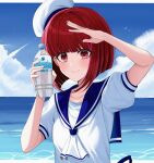  1girl absurdres arima_kana beach bottle clouds cloudy_sky happy hat highres holding holding_bottle oshi_no_ko red_eyes redhead sailor sailor_collar short_hair sky smile water_bottle white_headwear wwo54550903 