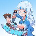  1girl blue_eyes blue_hair blunt_bangs card deck_of_cards duel_disk gawr_gura grey_hair highres holding holding_card hololive hololive_english moral_cacoethes multicolored_hair shark_girl sharp_teeth streaked_hair tail teeth two_side_up virtual_youtuber yu-gi-oh! 