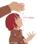  1girl 1other brown_eyes brown_jacket commentary dated english_commentary from_side hanpetos happy_birthday jacket looking_up nifa_(shingeki_no_kyojin) petals profile redhead shingeki_no_kyojin short_hair survey_corps_(emblem) 