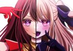  2girls :d absurdres black_choker black_gloves blonde_hair blush choker closed_mouth commentary gloves hair_between_eyes hand_up highres hoshino_ai&#039;s_pose hoshino_ai_(oshi_no_ko) hoshino_ruby idol idol_clothes light_particles long_hair looking_at_viewer mother_and_daughter multiple_girls one_side_up open_mouth oshi_no_ko pink_eyes pink_gloves pointing pointing_at_self portrait purple_hair shadow sidelocks simple_background smile split_theme star-shaped_pupils star_(symbol) sweat symbol-shaped_pupils teeth turtleneck upper_teeth_only user_ewdk5585 v violet_eyes white_background 