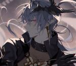  1boy arknights bishounen black_gloves borrowed_character earrings from_side gloves grey_hair highres hishoti_cheese jewelry looking_at_viewer male_focus mole mole_under_eye pointy_ears red_eyes short_hair solo 