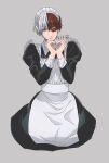  1boy apron boku_no_hero_academia burn_scar commentary cropped_legs crossdressing dark_red_hair dress frilled_apron frills green_eyes grey_background grey_eyes grey_hair hair_between_eyes heart heart_hands heterochromia highres juliet_sleeves long_sleeves looking_at_viewer maid maid_apron maid_headdress male_focus male_maid multicolored_hair parted_lips puffy_sleeves sanpaku sasaki_kura scar scar_on_hand short_hair signature simple_background sleeve_cuffs solo split-color_hair straight-on todoroki_shouto two-tone_dress two-tone_hair white_apron white_dress 