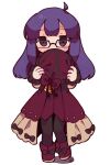  1girl ahoge black_bow black_pants blush boots bow coat commentary_request e.g.o_(project_moon) employee_(lobotomy_corporation) empty_eyes footwear_bow full_body glasses hat holding holding_clothes holding_hat hoshizuki_sakusa lobotomy_corporation long_hair long_sleeves open_clothes open_coat pants project_moon purple_hair red_footwear red_headwear red_vest simple_background solo standing sweat vest violet_eyes white_background 
