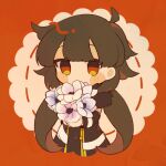  1girl ahoge black_coat black_shirt blush_stickers bouquet brown_hair coat commentary_request covered_mouth e.g.o_(project_moon) employee_(lobotomy_corporation) fur-trimmed_coat fur_trim holding holding_bouquet hoshizuki_sakusa lobotomy_corporation long_hair long_sleeves low_twintails no_nose open_clothes open_coat orange_eyes project_moon shirt solo twintails upper_body 