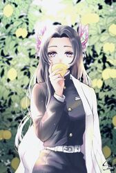  1girl belt black_hair black_jacket blurry blurry_background butterfly_hair_ornament demon_slayer_uniform food fruit gradient_hair hair_intakes hair_ornament haori highres holding holding_food holding_fruit jacket japanese_clothes kimetsu_no_yaiba kochou_kanae lemon long_hair long_sleeves looking_at_viewer multicolored_hair sky_blue_025250 solo very_long_hair violet_eyes white_belt white_hair 