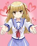  1girl angel_beats! asami_yuriko blonde_hair blue_sailor_collar blue_skirt blunt_bangs blunt_ends blush brown_eyes closed_mouth commentary_request earpiece expressionless eyes_visible_through_hair hair_ribbon heart incoming_hug long_hair long_sleeves looking_at_viewer miniskirt neckerchief nose_blush open_hands outstretched_arms pink_background pleated_skirt red_neckerchief red_ribbon ribbon sailor_collar shinda_sekai_sensen_uniform shirt simple_background skirt solo straight-on twintails white_shirt yusa_(angel_beats!) 