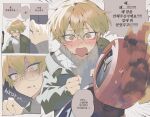  1boy 1other @_@ blonde_hair blush clock dante_(limbus_company) devy_lobotomy glasses highres jacket korean_commentary korean_text limbus_company male_focus open_mouth project_moon short_hair speech_bubble sweater translation_request yellow_eyes 