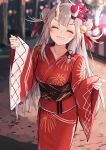  1girl absurdres alternate_costume bell blurry blurry_background blush breasts closed_eyes commentary double_bun facing_viewer feet_out_of_frame fingernails fireworks_print grey_hair grin hair_bell hair_bun hair_ornament hands_up highres hololive horn_ornament horns japanese_clothes jingle_bell kimono long_hair mask mask_on_head multicolored_hair nakiri_ayame nakiri_ayame_(4th_costume) obi obijime ogura_tubuan oni_horns oni_mask outdoors red_kimono redhead sash skin-covered_horns sleeves_past_wrists small_breasts smile solo streaked_hair teeth virtual_youtuber wide_sleeves yukata 