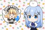  0_0 2girls ^^^ angora_rabbit animal animal_ears animal_on_head bird black_hairband black_skirt blonde_hair blue_bow blue_eyes blue_hair blue_vest bow center_frills chibi collared_shirt commentary_request fake_animal_ears fleur_de_lapin_uniform floppy_ears frilled_hairband frills gochuumon_wa_usagi_desu_ka? hair_between_eyes hair_ornament hairband hands_on_own_hips kafuu_chino kirima_syaro long_hair long_sleeves mitya multiple_girls on_head open_mouth polka_dot polka_dot_background puffy_long_sleeves puffy_sleeves rabbit rabbit_ears rabbit_house_uniform shirt skirt sleeves_past_wrists sweat tippy_(gochiusa) twitter twitter_logo uniform very_long_hair vest waitress wavy_mouth white_background white_shirt x_hair_ornament 