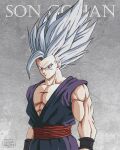  1boy absurdres character_name commentary_request dougi dragon_ball dragon_ball_super dragon_ball_super_super_hero furrowed_brow gohan_beast grey_hair highres long_hair male_focus muscular muscular_male pectorals red_eyes salvamakoto serious signature solo son_gohan spanish_commentary spiky_hair upper_body widow&#039;s_peak wristband 