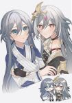  2girls :o bare_shoulders black_gloves blue_eyes blush chibi chinese_clothes closed_mouth dual_persona fingerless_gloves fu_hua fu_hua_(azure_empyrea) fu_hua_(herrscher_of_sentience) fu_hua_(taixuan_impression) gloves grey_hair hair_between_eyes hand_grab highres honkai_(series) honkai_impact_3rd jewelry kubikori long_sleeves looking_at_another looking_at_viewer multiple_girls necklace one_eye_closed red_eyes simple_background v-shaped_eyebrows white_background yellow_pupils 