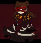  1girl black_coat black_pants black_ribbon black_shirt brown_hair censored_(lobotomy_corporation) closed_mouth coat collared_shirt commentary_request double_bun e.g.o_(project_moon) employee_(lobotomy_corporation) frilled_coat frills fur-trimmed_coat fur_trim hair_bun hair_ribbon hoshizuki_sakusa lobotomy_corporation long_hair long_sleeves one_eye_covered open_clothes open_coat pants project_moon red_eyes red_sweater ribbon shirt solo sweater 