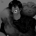  1boy absurdres character_request copyright_request gcj greyscale highres long_hair looking_down male_focus monochrome muscular open_mouth sharp_teeth shirt short_hair solo solo_focus teeth 
