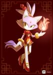  1girl animal_ears blaze_the_cat cat_ears cat_girl cat_tail chinese_clothes dress eyelashes fire flame_print forehead_jewel furry furry_female gloves hair_ornament highres howxu jewelry ponytail purple_fur pyrokinesis red_dress red_footwear sonic_(series) tail yellow_eyes 