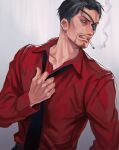  1boy angry aomi_nekosuki black_hair cigarette clenched_teeth collared_shirt eyepatch facial_hair goatee highres holding_tie long_sleeves majima_gorou male_focus one-eyed red_shirt ryuu_ga_gotoku_(series) shirt short_hair simple_background smoking solo teeth 