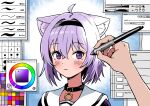  1girl 1other absurdres ahoge animal_ears blush cat_ears cat_girl chun_1234567 collar hairband highres holding holding_stylus hololive light_smile looking_at_viewer nekomata_okayu nekomata_okayu_(3rd_costume) portrait pov purple_hair school_uniform serafuku short_hair stylus violet_eyes virtual_youtuber 