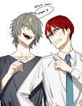  2boys blue_necktie clenched_teeth collared_shirt commentary_request copyright_name dress_shirt glasses grey_hair grey_shirt hagiwara_daisuke hair_over_one_eye hand_up hori-san_to_miyamura-kun hori_kyousuke index_finger_raised jewelry long_sleeves looking_at_another male_focus multiple_boys necktie open_mouth orange_eyes pointing pointing_at_another red_eyes redhead ring sengoku_takeru shirt short_hair simple_background teeth upper_body upper_teeth_only white_background white_shirt 