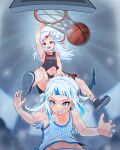  ball basketball basketball_(object) basketball_hoop basketball_uniform blue_eyes blue_hair blunt_bangs camera_flash dual_persona fins fish_tail gawr_gura grey_hair hair_ornament hand_on_another&#039;s_head highres hololive hololive_english moral_cacoethes multicolored_hair number_print open_mouth playing_sports red_eyes redhead shark_girl shark_tail sharp_teeth slam_dunk_(basketball) sportswear streaked_hair sweat tail teeth virtual_youtuber 