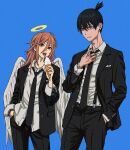  2boys angel_devil_(chainsaw_man) angel_wings blue_background chainsaw_man cowboy_shot earrings food hair_between_eyes hand_in_pocket hayakawa_aki highres ice_cream jewelry looking_at_viewer multiple_boys necktie shiren_(ourboy83) simple_background wings 