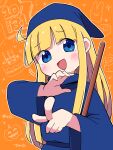  1girl bat_(animal) blonde_hair blue_eyes blue_headwear blue_robe carbuncle_(puyopuyo) dokan_(dkn) dot_nose highres jack-o&#039;-lantern madou_monogatari ojou-sama_pose open_mouth orange_background pointing pointing_at_viewer puyopuyo robe solo witch_(puyopuyo) 