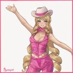  1girl barbie_(character) barbie_(character)_(cosplay) barbie_(franchise) barbie_(live_action) blonde_hair blue_eyes bunnyoki commentary cosplay cowboy_hat drill_hair english_commentary genshin_impact grin hat highres long_hair navia_(genshin_impact) outstretched_arms pants pink_pants pink_scarf pink_shirt scarf shirt sleeveless sleeveless_shirt smile solo spread_arms swept_bangs very_long_hair 