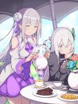  2girls absurdres bare_shoulders black_capelet black_dress braid butterfly_hair_ornament cake cake_slice capelet closed_eyes closed_mouth colored_eyelashes cookie crown_braid cup detached_sleeves dress echidna_(re:zero) emilia_(re:zero) flower flower_pot food hair_flower hair_ornament hair_ribbon head_rest highres holding holding_teapot looking_at_viewer multiple_girls one_eye_closed pointy_ears pouring purple_ribbon re:zero_kara_hajimeru_isekai_seikatsu ribbon sleeveless sleeveless_dress spilling sweat table tea teacup teapot turtleneck_dress violet_eyes white_hair wide_sleeves x_hair_ornament zerobarto 