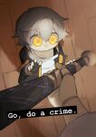  1boy 1other absurdres artist_name black_coat black_gloves caelus_(honkai:_star_rail) character_request chibi coat collarbone english_text fingerless_gloves floor full_body gloves go_do_a_crime_(meme) grey_hair hair_between_eyes hand_up hands_up highres holding holding_weapon honkai:_star_rail honkai_(series) hood hooded_coat kohianji long_sleeves looking_to_the_side meme no_mouth open_clothes open_coat shadow shirt short_hair solo_focus standing t-shirt trailblazer_(honkai:_star_rail) two-sided_coat weapon white_shirt yellow_coat yellow_eyes 
