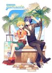  2boys bird black_footwear black_pants black_shirt blonde_hair blue_eyes blue_hair collared_shirt commentary_request eyewear_on_head green_shorts kagamine_len kaito_(vocaloid) male_focus multiple_boys orange_footwear orange_shirt outdoors palm_tree pants rolling_suitcase seagull shirt short_hair short_ponytail shorts sinaooo suitcase sunglasses tree vocaloid 