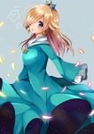  1girl absurdres blonde_hair blue_dress blue_eyes crown dress earrings eyelashes falling_petals grey_background hair_over_one_eye highres jewelry long_hair long_sleeves open_mouth petals rosalina rushin sleeves_past_fingers sleeves_past_wrists solo super_mario_bros. super_star_(mario) 