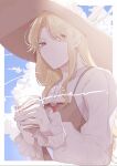  1girl blonde_hair blue_sky border brown_headwear brown_vest clouds cloudy_sky collared_shirt cup highres holding holding_cup jacket_girl_(dipp) laspberry. long_hair long_sleeves neck_ribbon outdoors parted_bangs red_ribbon ribbon shirt sidelocks sky solo touhou upper_body vest white_border white_shirt yellow_eyes 