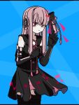  ++_(9oafxjjhuktkdef) 1girl black_dress black_gloves black_ribbon black_thighhighs blue_background blunt_bangs bright_pupils collared_dress commentary cowboy_shot dress elbow_gloves flower_knot gloves hair_ribbon hand_on_own_chest hand_up holographic_interface kotonoha_akane looking_at_viewer low_tied_sidelocks musical_note musical_note_print pink_hair pink_ribbon pixel_art red_eyes ribbon short_dress sidelocks sideways_glance sleeveless sleeveless_dress solo square_pupils standing synthesizer_v thigh-highs voiceroid white_pupils 