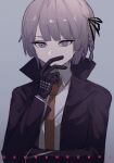 1boy 8kcud black_gloves black_jacket braid collared_shirt copyright_name danganronpa:_trigger_happy_havoc danganronpa_(series) genderswap genderswap_(ftm) gloves grey_background hair_ribbon jacket kirigiri_kyoko male_focus necktie open_clothes open_jacket purple_hair ribbon shirt side_braid simple_background solo upper_body violet_eyes