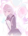  1girl balloon black_jacket black_shirt blush collared_shirt cowboy_shot danganronpa_(series) danganronpa_2:_goodbye_despair dress_shirt from_side hair_ornament highres jacket long_sleeves looking_at_viewer medium_hair nanami_chiaki neck_ribbon open_clothes open_jacket pink_eyes pink_hair pink_ribbon pote_(pote_39) ribbon shirt smile spaceship_hair_ornament white_shirt 