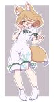  1girl absurdres animal_ears blonde_hair blush_stickers double_fox_shadow_puppet fang fox_ears fox_shadow_puppet fox_tail full_body green_ribbon highres kame_(kamepan44231) kudamaki_tsukasa one-hour_drawing_challenge open_mouth ribbon romper short_hair smile socks solo tail touhou white_romper white_socks yellow_eyes 