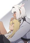  1boy 1girl animal_ears between_legs black_hairband black_thighhighs blonde_hair blue_eyes buckle caenis_(fate) casual cropped_jacket cuddling dark-skinned_female dark_skin dated extra_ears fate/grand_order fate_(series) from_side gradient_background hairband hand_on_another&#039;s_head horse_ears hug hug_from_behind jacket kirschtaria_wodime leaning_back long_hair looking_ahead nail_polish parted_lips ponytail profile sabamori shirt simple_background single_thighhigh sitting studded_jacket thigh-highs violet_eyes white_hair white_jacket white_nails white_shirt 