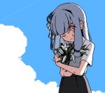  ++_(9oafxjjhuktkdef) 1girl alternate_costume black_skirt blue_sky blunt_bangs bouquet closed_mouth clouds collared_shirt commentary contrail cowboy_shot flower grey_hair hair_intakes hair_ribbon head_down holding holding_bouquet kotonoha_aoi lily_(flower) looking_at_viewer low_tied_sidelocks object_hug pink_eyes pixel_art raised_eyebrows ribbon shirt shirt_tucked_in short_sleeves sidelighting sidelocks skirt sky solo sweat upturned_eyes very_sweaty voiceroid wet wet_clothes wet_shirt white_flower white_shirt 