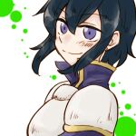 1girl armor black_hair blush breastplate collared_shirt earrings fire_emblem fire_emblem:_genealogy_of_the_holy_war fire_emblem_heroes jewelry larcei_(fire_emblem) looking_to_the_side mityo pauldrons purple_shirt shirt short_hair shoulder_armor simple_background smile solo tomboy violet_eyes white_armor 
