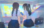  2girls absurdres bag black_hair braid cassette_player cassette_tape ddal earphones from_behind handbag highres multiple_girls open_mouth original pleated_skirt ponytail school_bag school_uniform shared_earphones shirt skirt smile twin_braids white_shirt wristband 