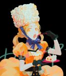  1girl belt black_background black_gloves blonde_hair blue_ribbon cake cake_slice dekooop dress eating food fork gloves hat holding holding_fork holding_plate lolita_fashion looking_at_viewer low_twintails medium_hair open_mouth orange_dress original pale_skin parted_bangs plate ribbon short_sleeves simple_background solo twintails upper_body yellow_eyes 