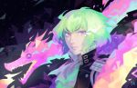  1boy ascot bishounen black_jacket dragon driftwoodwolf expressionless fire green_hair jacket lio_fotia looking_at_viewer male_focus promare solo upper_body violet_eyes 