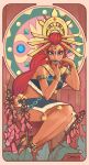  1girl art_nouveau blue_lips bracelet commentary dark-skinned_female dark_skin english_commentary flower full_body green_eyes highres jewelry lipstick long_hair looking_at_viewer makeup redhead riju sabtastic signature solo the_legend_of_zelda the_legend_of_zelda:_breath_of_the_wild tiara 