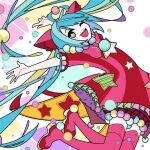  1girl :d ahoge animal_ear_fluff animal_ears arms_up blue_hair boots bow bowtie cat_ears dress fake_animal_ears floating_hair frilled_dress frills hair_ornament hatsune_miku light_blue_hair long_hair looking_at_viewer machigami_yoh one_eye_closed open_mouth pink_bow pink_bowtie pink_footwear pink_thighhighs pom_pom_(clothes) project_sekai red_dress short_dress short_sleeves smile solo star_(symbol) striped striped_dress thigh-highs thigh_boots twintails vertical-striped_dress vertical_stripes very_long_hair vocaloid wonderlands_x_showtime_miku zettai_ryouiki 