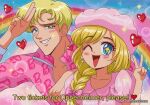  1boy 1girl barbenheimer_(meme) barbie_(character) barbie_(franchise) barbie_(live_action) blonde_hair blue_sky blush clouds cloudy_sky hanavbara heart jacket ken_(barbie) meme one_eye_closed oppenheimer_(movie) pink_clouds pink_jacket rainbow sky smile 