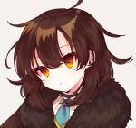  1girl blue_necktie brown_hair closed_mouth commentary_request e.g.o_(project_moon) employee_(lobotomy_corporation) expressionless fur-trimmed_jacket fur_trim hoshizuki_sakusa jacket lobotomy_corporation long_hair messy_hair necktie orange_eyes pale_skin portrait project_moon shirt simple_background solo white_background white_shirt 