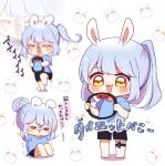  0725akaba 1girl :d absurdres animal_ear_fluff animal_ears black_shorts blue_hair blue_shirt blush brown_eyes chibi closed_eyes hair_bun highres holding hololive multicolored_hair multiple_views nousagi_(usada_pekora) outline ponytail rabbit_ears ring-con ring_fit_adventure shirt short_eyebrows short_sleeves shorts sidelocks simple_background smile standing standing_on_one_leg streaked_hair thick_eyebrows translation_request usada_pekora virtual_youtuber white_background white_hair white_outline 