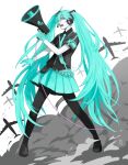  1girl absurdly_long_hair aircraft airplane black_pantyhose blue_eyes blue_gloves blue_necktie blue_shirt blue_skirt driftwoodwolf gloves grey_shirt hair_between_eyes hatsune_miku headset holding holding_megaphone koi_wa_sensou_(vocaloid) long_hair looking_at_viewer megaphone miniskirt necktie open_mouth pantyhose pleated_skirt shirt short_sleeves skirt smoke solo standing teeth twintails very_long_hair vocaloid 